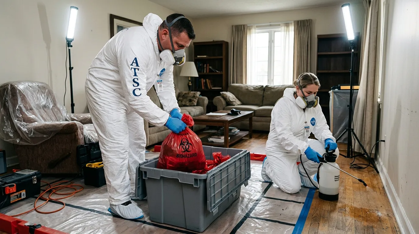 Professional Hoarding Cleanup technician in full PPE working in Spanish Lake